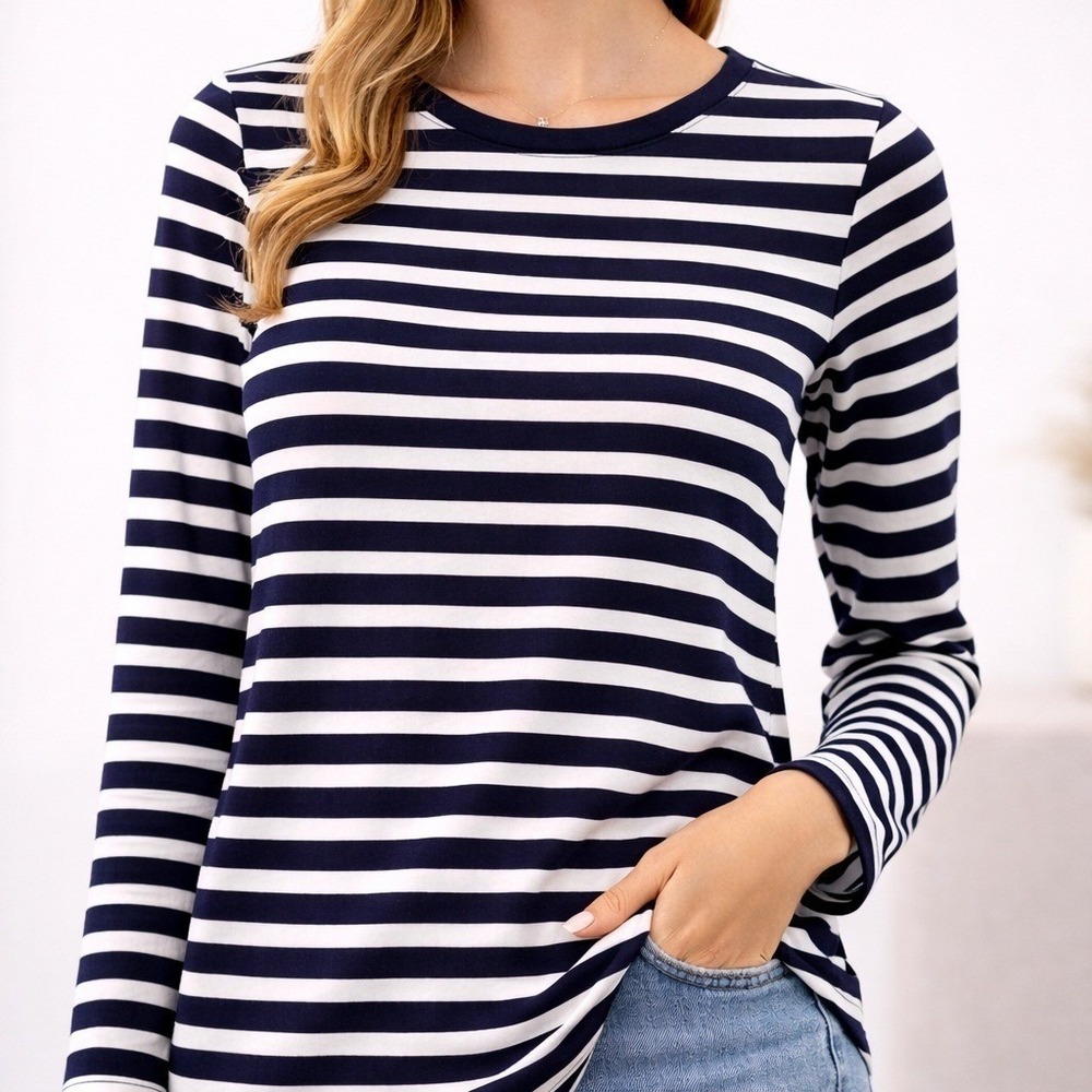 Kim Rogers M Navy Blue White Striped 3/4 Sleeve Soft Nautical Layering Basics